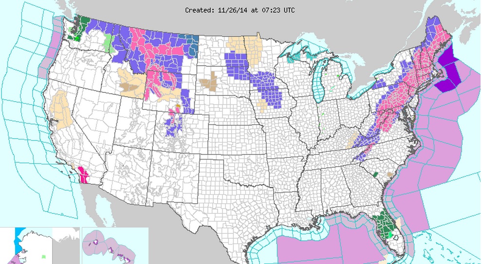 US Map Nor'easter Wednesday and Thanksgiving Day 11-26-2014 East Coast